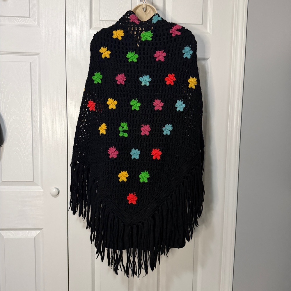 Rosanna Black Hand Loomed Crochet Poncho - Picture 2 of 5
